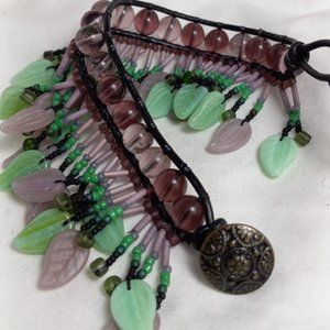 Woven Bracelet, Lilac and Green with Fringe, Vintage Button
